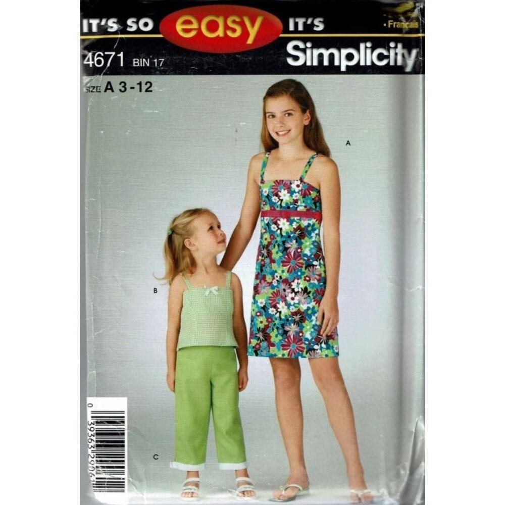 Simplicity Sewing Pattern 4671 Dress Top Cropped Pants‎ Girls Size 3-12